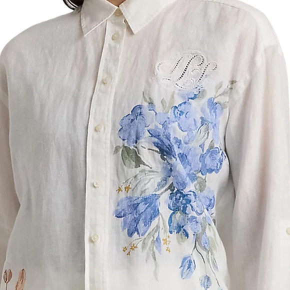 NWT Polo Lauren Ralph Lauren Oversize Floral Eyelet Logo Linen Shirt Size US XL - Picture 7 of 8